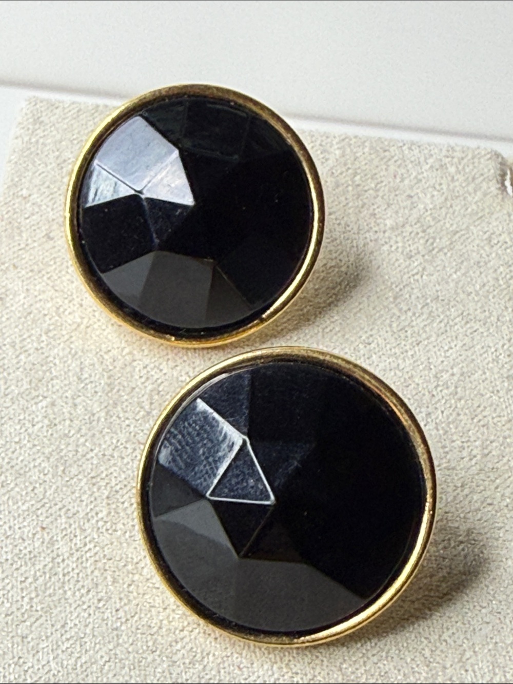 Vintage stunning Classic Black Faceted glass large Stud Earrings with Gold Trim